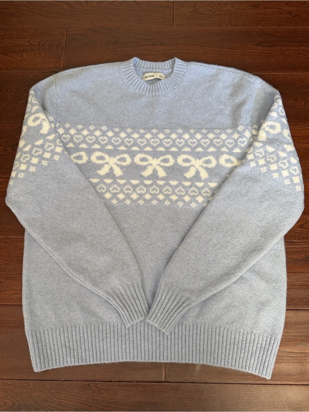 Blue and White Women's Bow Fair Isle Sweater Hollister